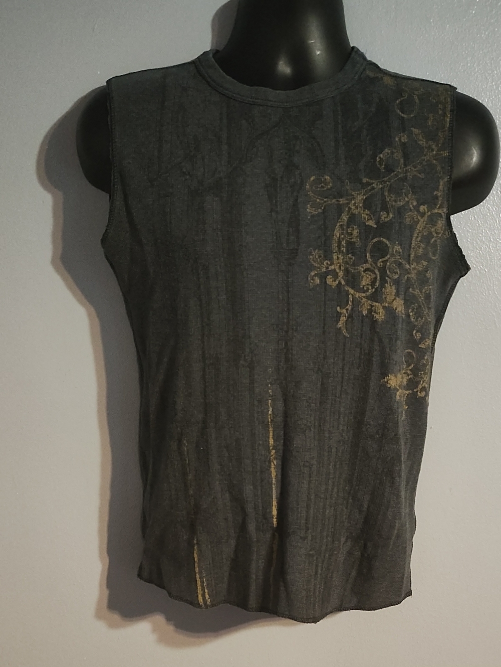 Sleeveless Men's Black Tank with Gold Baroque Print